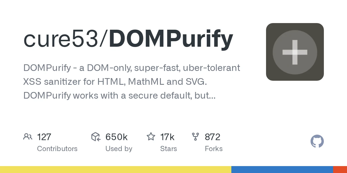 Actual GitHub repository preview for cure53/DOMPurify identifying its HTML sanitization purpose.