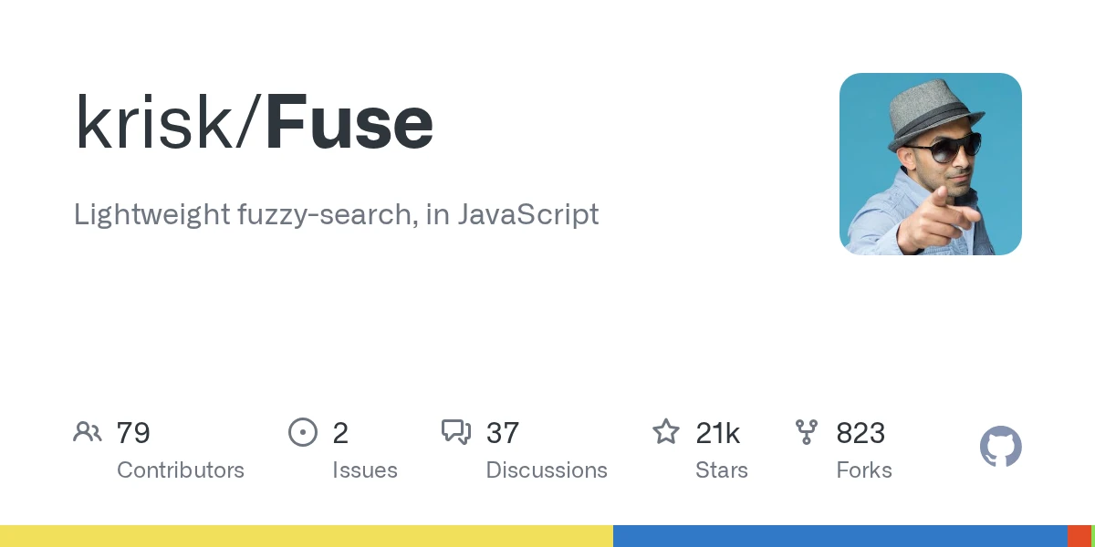 Official GitHub preview of krisk/Fuse, identifying the JavaScript fuzzy-search repository and its publisher avatar.