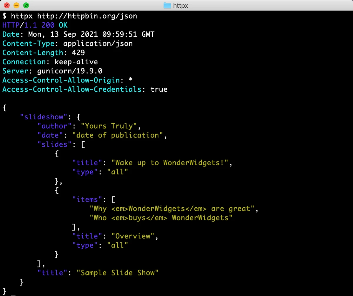 Official HTTPX command-line screenshot showing an HTTP 200 response, headers and formatted JSON.