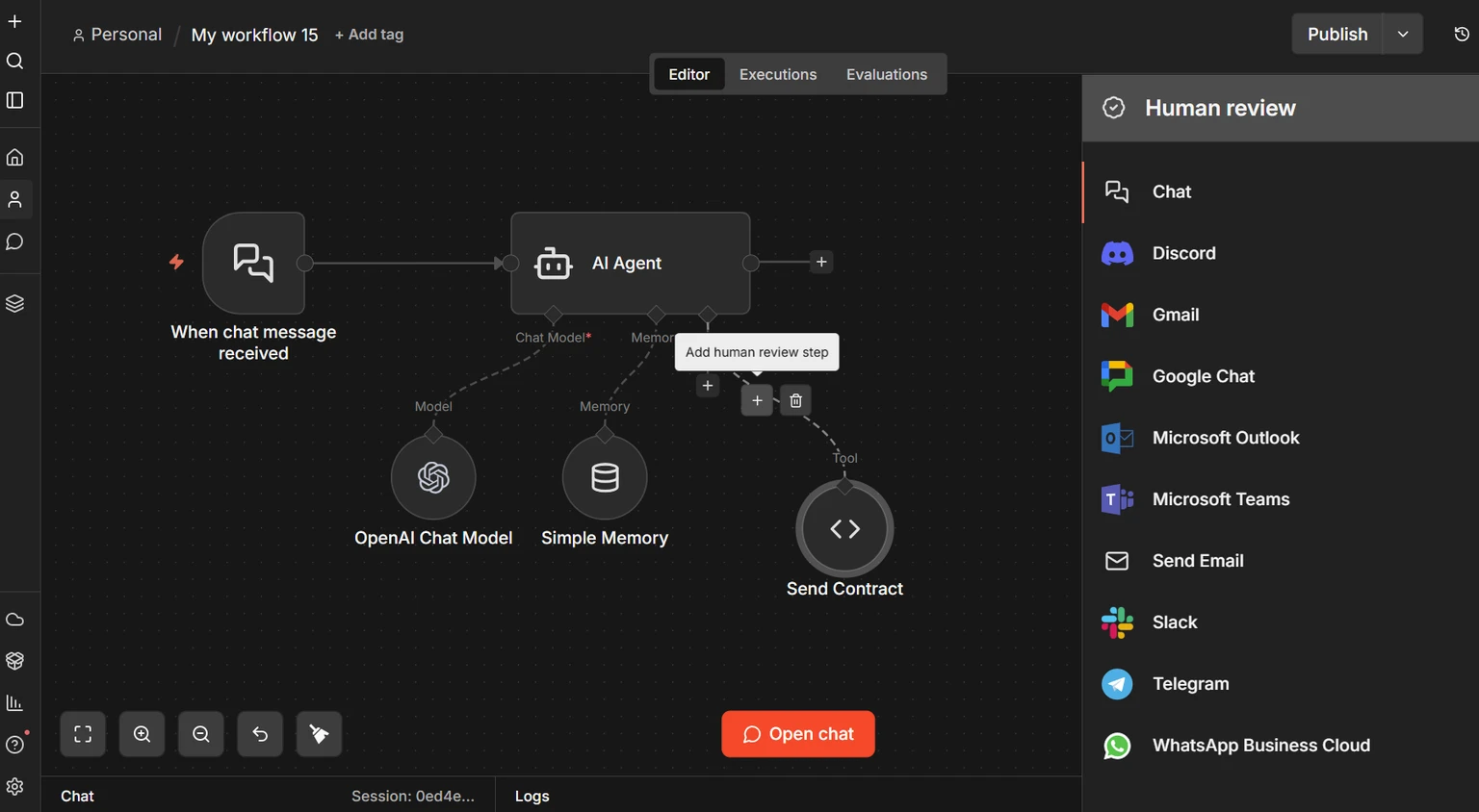 n8n workflow canvas showing a human review step between an AI agent and its Send Contract tool.
