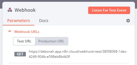 Official n8n documentation screenshot showing the Webhook node, Test URL and Production URL tabs, and Listen For Test Event button.