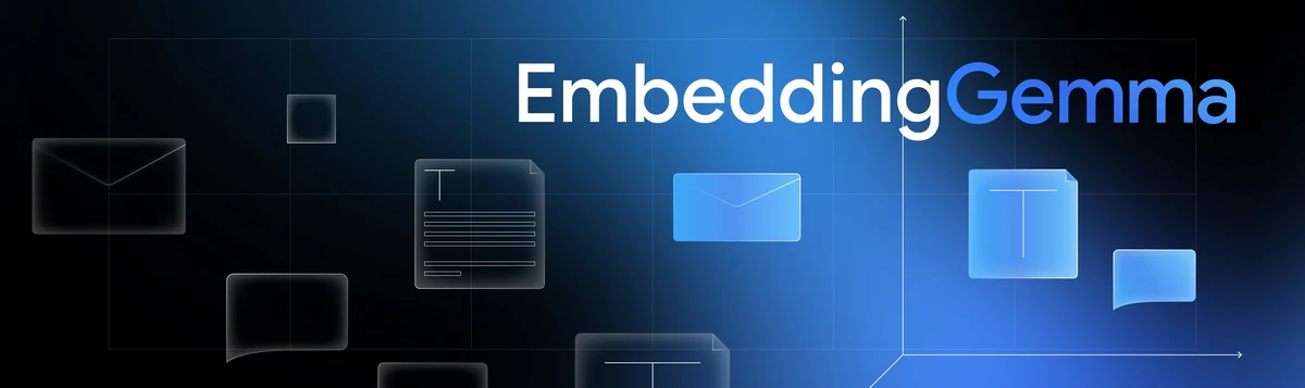 Official EmbeddingGemma model artwork with its wordmark and document, message and envelope symbols.