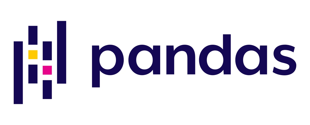 Official pandas logo with its navy wordmark and yellow and magenta bars on white.