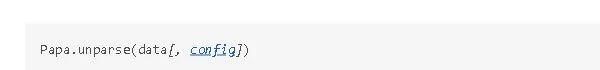 Cropped official Papa Parse documentation showing the Papa.unparse data and configuration signature.