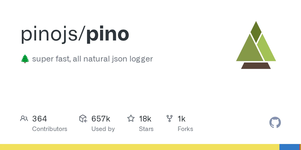 Official GitHub repository preview for pinojs/pino with its tree logo and JSON logger description.