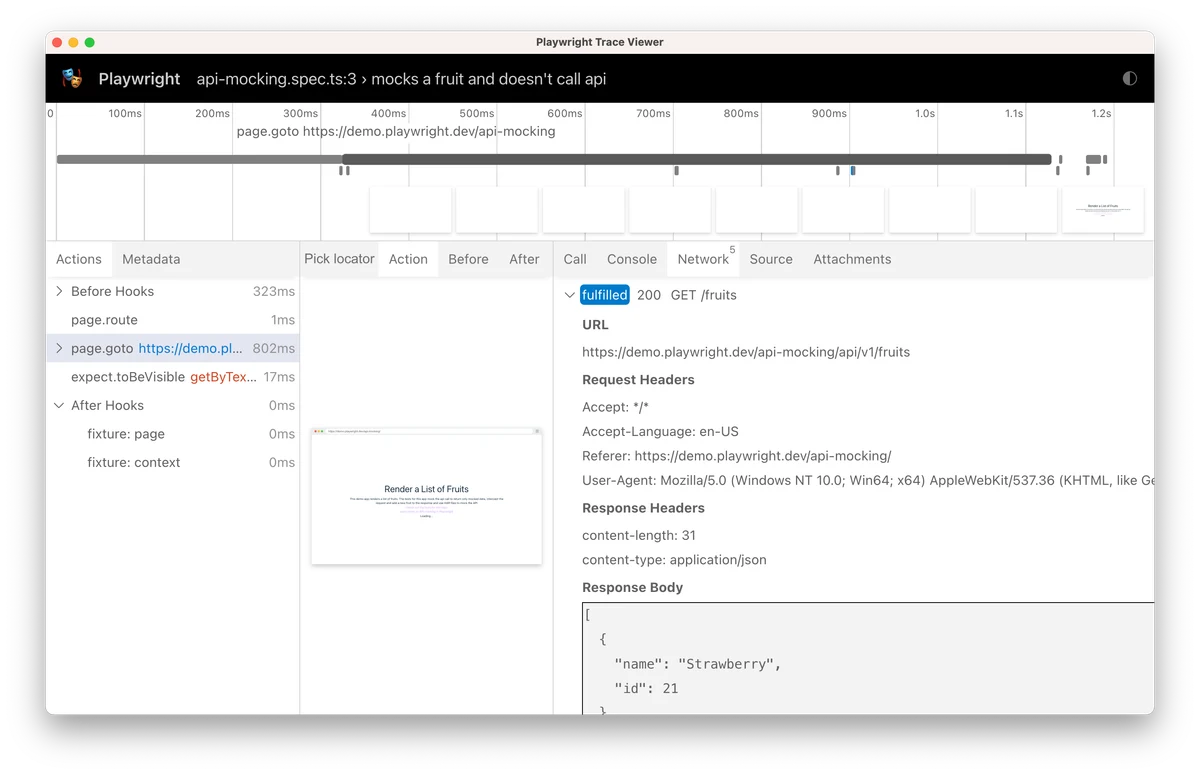 Official Playwright Trace Viewer screenshot showing a fulfilled mocked fruits API response and its JSON body.