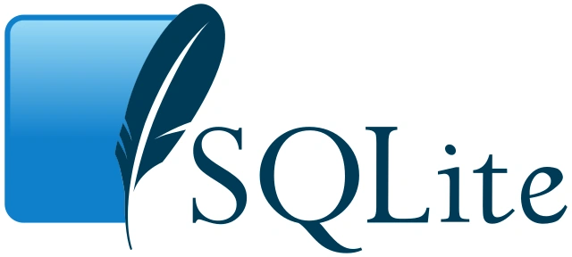 Official SQLite logo: a blue database tile and feather beside the SQLite wordmark.