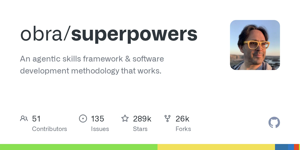 Official GitHub repository preview for obra/superpowers.