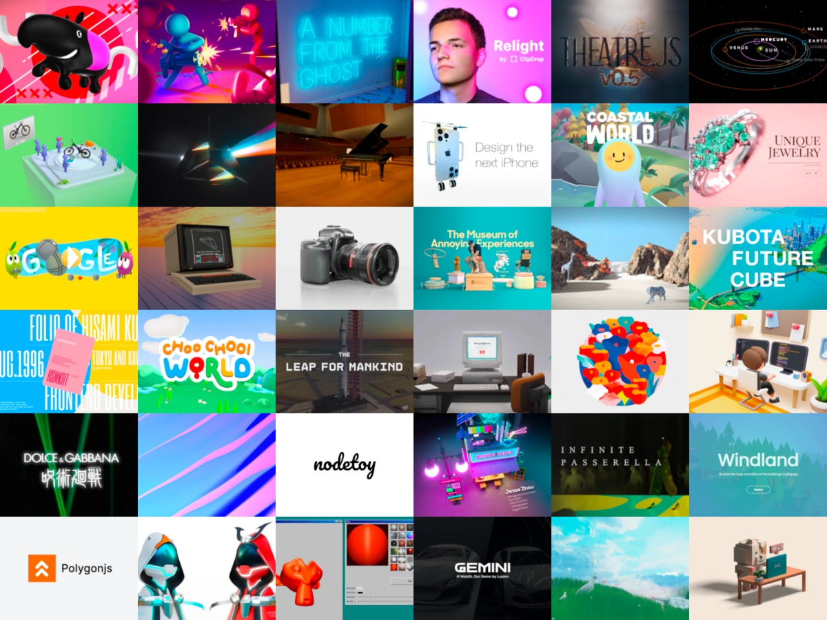 The official Three.js homepage sharing image, showing a collage of example 3D web experiences.