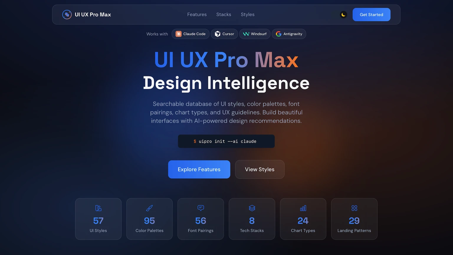 The UI/UX Pro Max project website screenshot published by its maintainer.